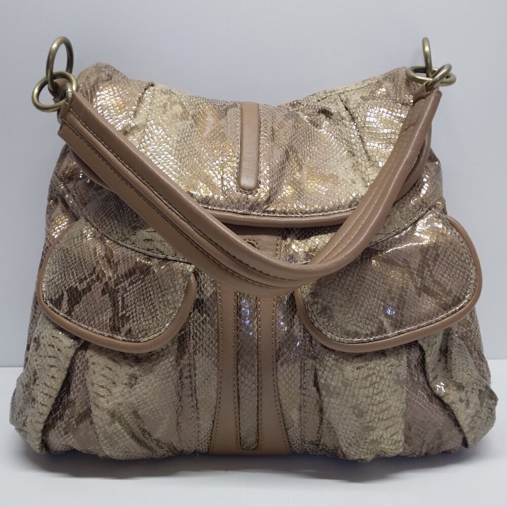 MALINI MURJANI Snake Print Metallic Tan Leather Shoulder Bag